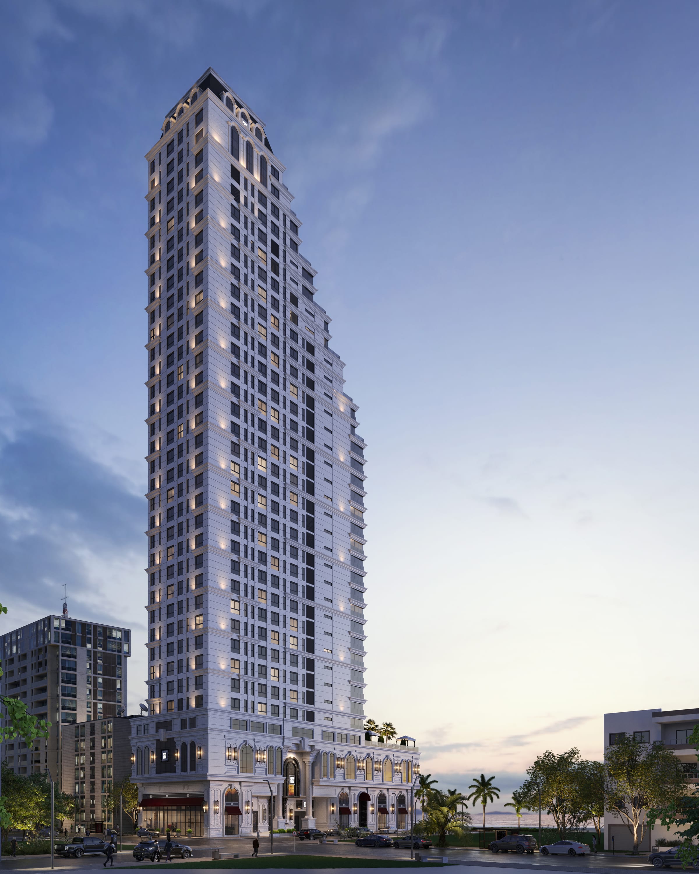 Torre do Grand Luxury Residences ao entardecer, de frente para o mar
