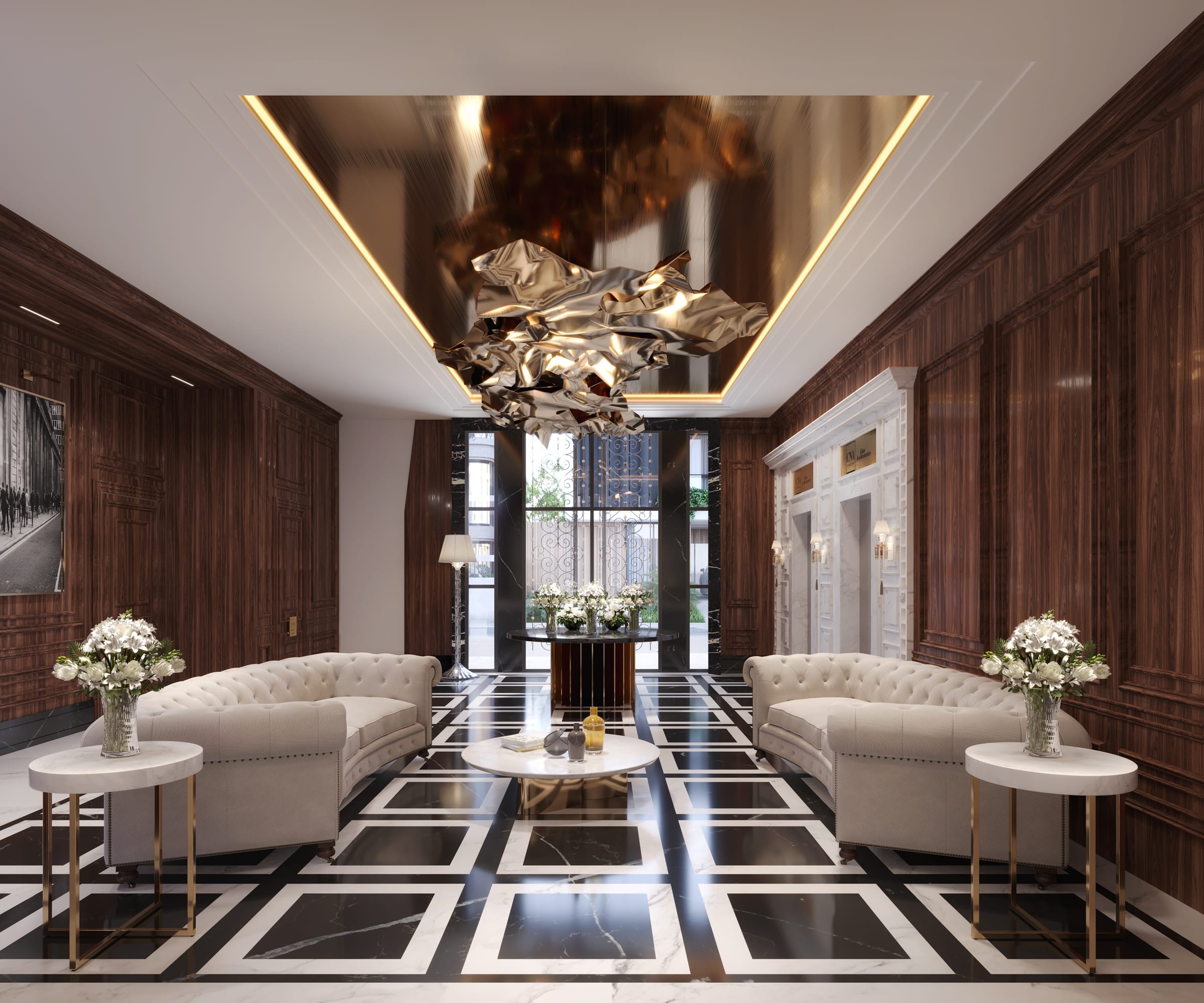 Hall de entrada monumental do Grand Luxury Residences, com pé-direito de 15 metros