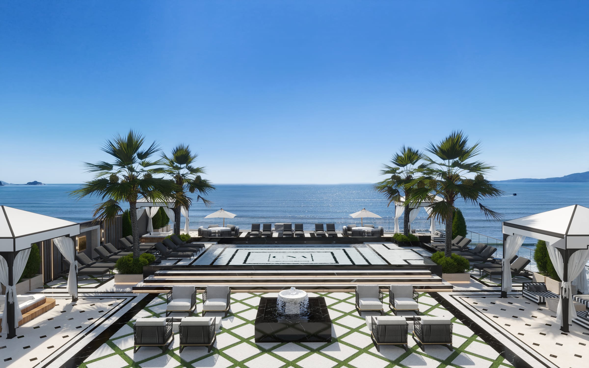 Piscina externa do Grand Luxury Residences, de frente para o mar
